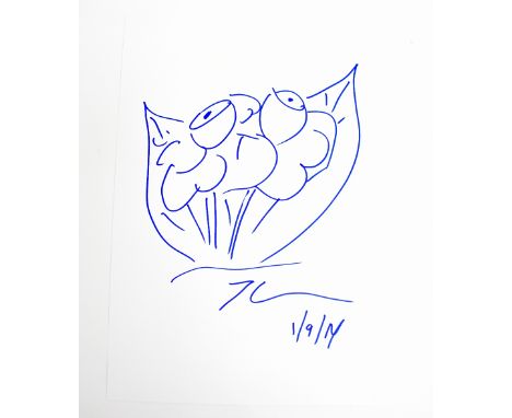 JEFF KOONS (American, born 1955); a blue ink sketch on white card, stylised floral study (2014), signed with monogram and dat