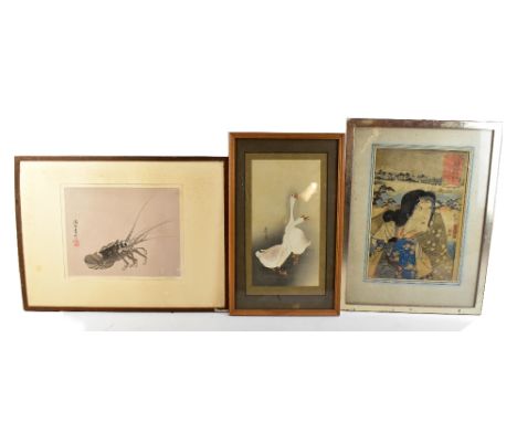 H SHIBANG; a signed limited edition print, crayfish, numbered 5/100, 24 x 31cm, framed, a print of geese and a Japanese woodb
