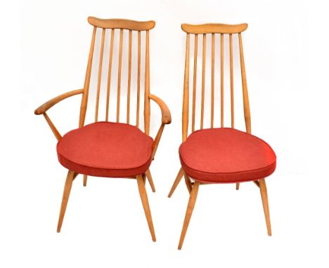 ERCOL; six light elm high spindle back dining chairs, raised on column supports (5+1).Additional InformationGeneral wear, min