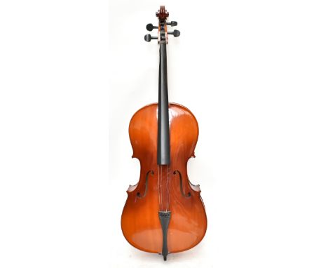 A modern violoncello with two-piece back, no marks/labels, length 120cm, cased with bow.Additional InformationLoose strings, 