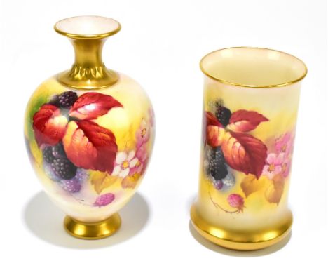 KITTY BLAKE FOR ROYAL WORCESTER; two hand painted vases, each decorated with fruits and foliate, height of larger example 13c