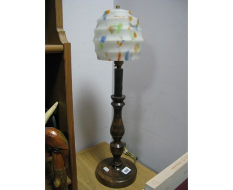 An Art Deco Table Lamp, mottled glass shade on a turned wooden stand. 