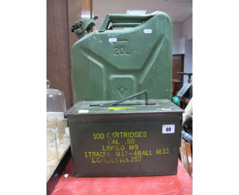 Army Cartridge Case, for .50 Cal x 100 cartridges and a 20L petrol canister both painted green. (2)