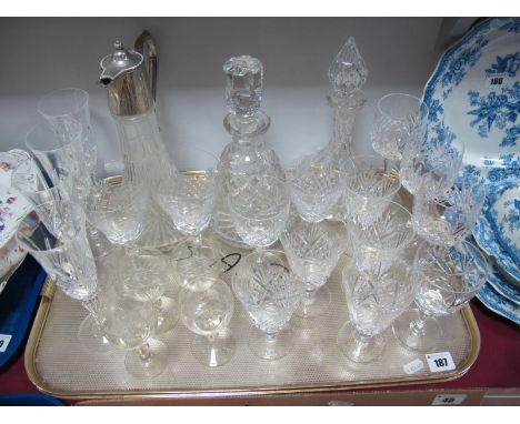 Two Decanters, claret jug, Thomas Webb and other decanter glasses:- One Tray 