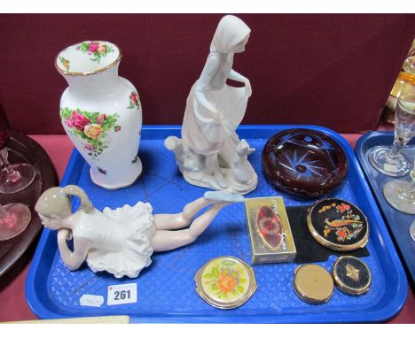 A Lladro Pottery Maiden, with rabbit figure, Nao ballerina, Old Country Roses vase, ruby glass ashtray, compacts. 