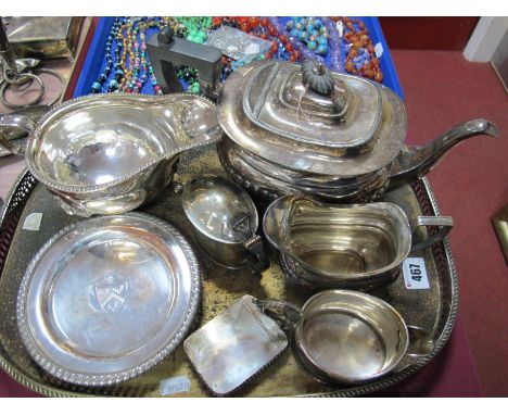 Rectangular Galleried Tray, crested card tray, plated mustard with blue glass liner, snuff box etc.
