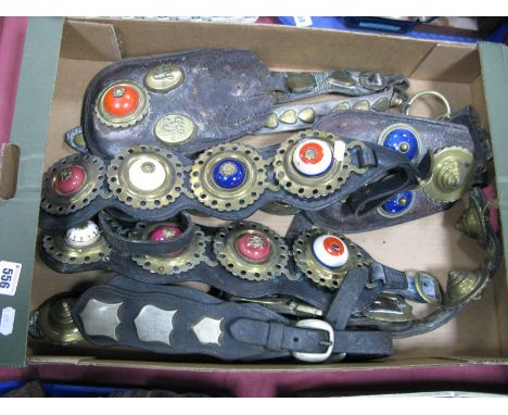 XIX Century Shire Horse Brasses, some with ceramic pot centre's, on leather harness, with brass plaque engraved "S &amp; Sons