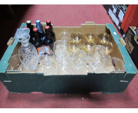 Six Football Related Ale Bottles, decanter drinking glasses:- One Box 