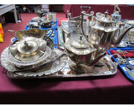 An Oval Plated Three Piece Tea Service, pierced basket and bonbon dish, casserole holder, rectangular tray. 