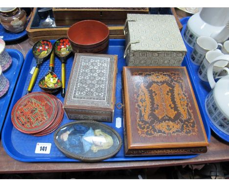 A Damascus Ware Type Cigarette Box, an Italian musical jewellery box, lacquered spoons, bowl, coasters, miniature oval oil po