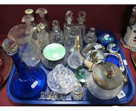 A Blue Glass Mallet Shaped Decanter, preserve jar with plated lid vinegar bottles, Victorian glass paperweights etc:- One Tra