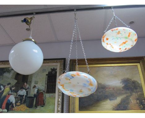 A White Globular Hanging Lamp, plus two Art Deco mottled glass ceiling lamps. (3) 