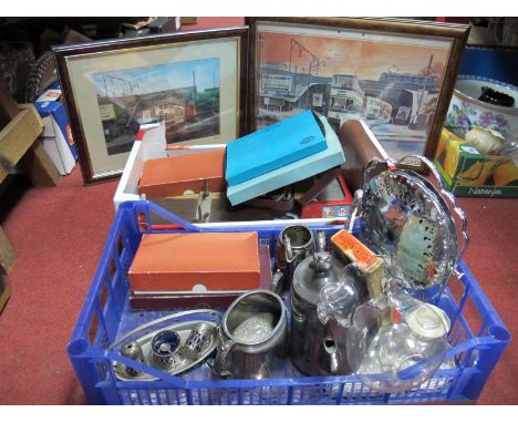 Two Sheffield Prints, three piece tea service, cutlery, tie press, razor, hip flask, etc:- Two Boxes