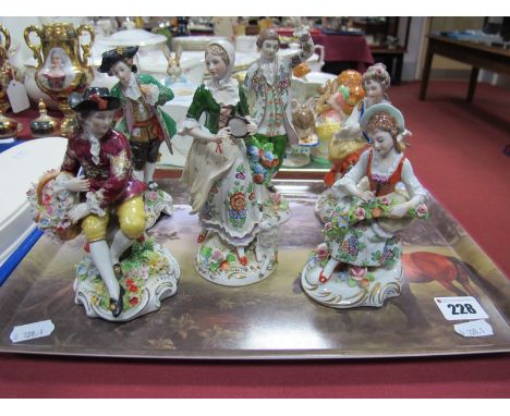 "Sitzendorf" German Pottery Figures, in classical dress on scroll bases, with marks on base:- One Tray 