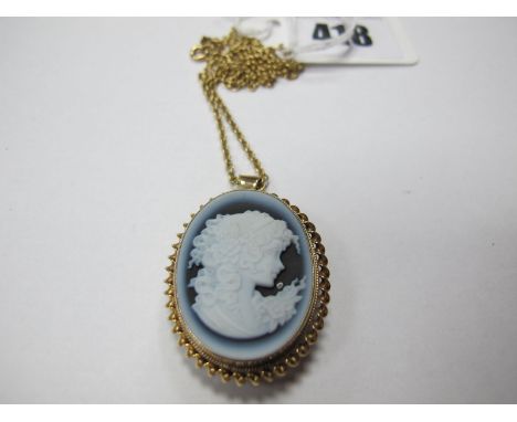 A Modern 9ct Gold Mounted Black and White Cameo Style Pendant/Brooch, collect set within ropetwist border, on 9ct gold chain.