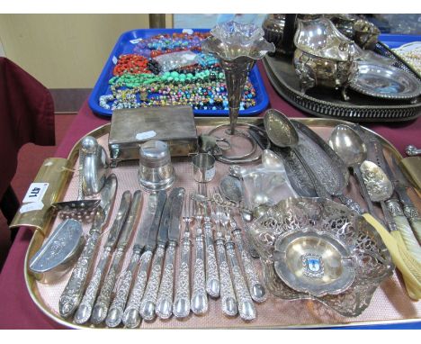 A Set of Six Fruit Knives and Forks, embossed white metal handles, English Pewter snuff box, cigarette box, bud vase, fish se