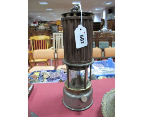 Premier Lamp and Engineering Co. Leeds Miners Lamp, having ribbed copper upper section.