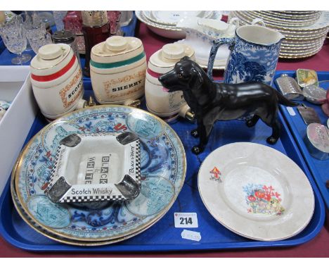 Sylvac Black Labrador, black and white scotch whisky ashtray, Magic Roundabout plate, Wade spirit barrels, etc:- One Tray