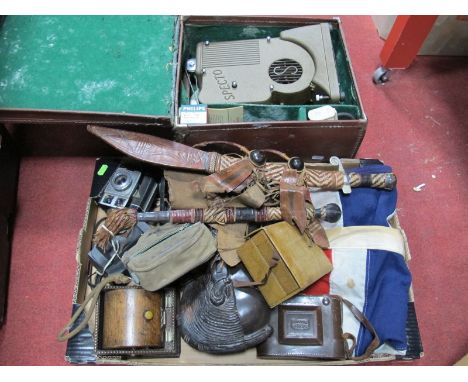 Zeiss Ikon Camera, Kodak Brownie, African carved head, etc; Union Jack flag etc; together with a cased camera, two African da