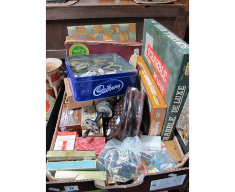 A Wooden Miniature Roulette Wheel, numerous packs of cards, deluxe Scrabble, cribbage boards, wooden chess sets, alabaster ch