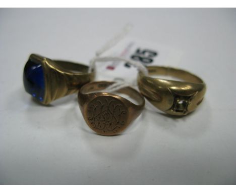 A 9ct Gold Signet Ring, initialled; together with another ring (lacking stone) and a single stone 9ct gent's ring stamped "10