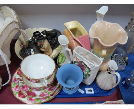 Two Bronzed Effect 'Genesis' Model Animal Groups, two Royal Doulton 'Winston Churchill' character jugs, sylvac jugs, Shorter 