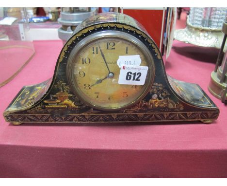 An Early XX Century H.L.Brown and Son limited Sheffield black lacquer chinoiserie mantel clock "French movement". 