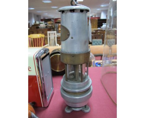 Naylor of Wigan Brass and Alloy Miners Lamp, stamped 'Spiralarm' 1653 to lower section.