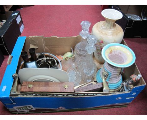 Two Decanters, brass trivet, Kingfisher figure, playing cards, oak fruit bowl, etc:- One Box