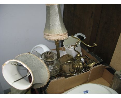 A XIX Century Oil Lamp, a pair of brass table lamps etc:- One Box 
