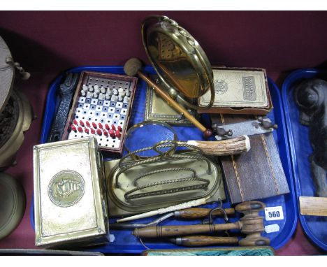 Brass Gong, auctioneers gavel, tie press, etc:- One Tray