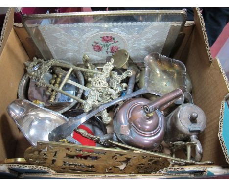 Copper Jubilee Kettle, brass easels, plates, ladle, coaster etc:- One Box