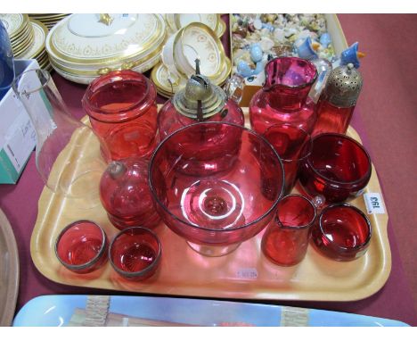 A XIX Century Cranberry Glass Oil Lamp, sugar caster, tumbler, silver rimmed salts etc:- One Tray 