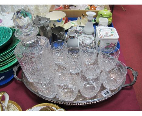 A Harrod's Oval Plated Tray, whisky decanter with silver label, ten glasses. 