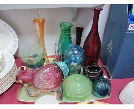 A Cranberry Tinted Early XX Century Cut Glass Light Shade, ruby glass decanter, cranberry frill shade etc:- One Tray