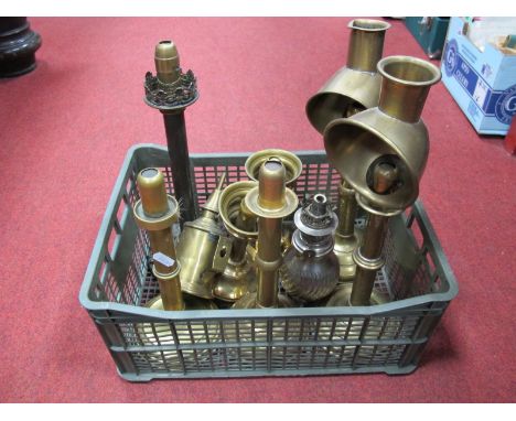 Palmer & Co of London Gothic Brass Altar Lamps, pigeon lamp, and white metal oil lamp.