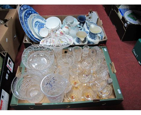A Quantity of Ceramics and Glass, to include blue and white transfer printed plates, part tea service 'Pekin' patterned jugs,