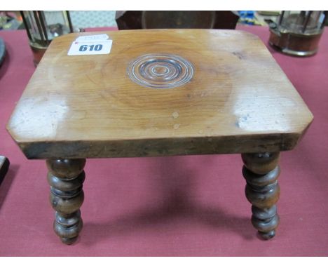 A XIX Century Yew Wood Miniature Model Stool, rectangular top with canted ends, with turned rounded central motif, on ring tu