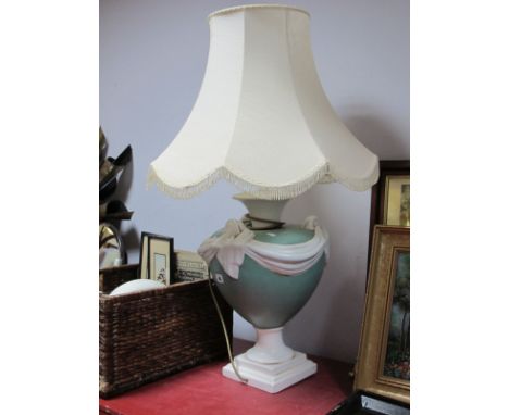 Painted Pottery Urn Shaped Table Lamp, on a green ground, swag decoration on a square base.