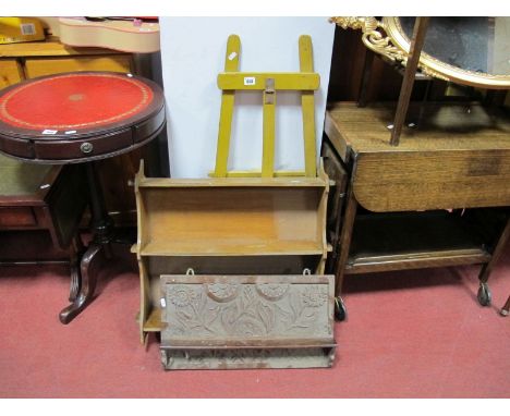 A Folding Easel, painted XIX Century Wall Shelf, another mahogany having pokerwork carving. 