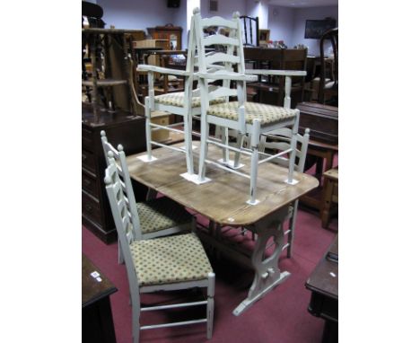 A French Style 'Shabby-Chic' Country Kitchen Table, rectangular top, rounded ends with central stencil decoration, concealed 