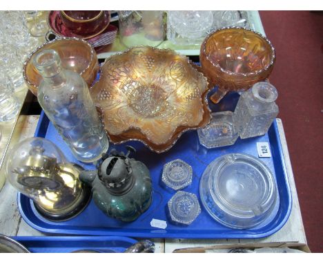 Carnival Glass Bowls, oil lamp, capstan ashtray, Schatz, etc:- One Tray