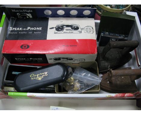 Speak-K-Phone in Original Box, flat irons, Shell Man in Flight coins, Harrod's ashtray, viewer, pen sets, St John Ambulance p