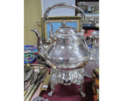 James Dixon and Sons EPBM Spirit Kettle, having naturalistic finial, engraved body on a four footed scroll base, connected by