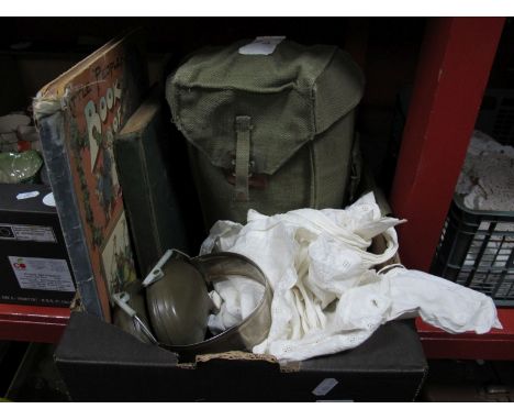 An Early XX Century Christening Gown, album of world stamps including three one penny reds, clock, book of own, 1959 military