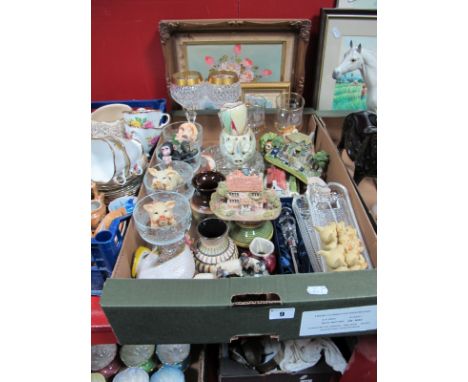 A Lilliput Lane 'Holme Dyke', further miniature model dwellings, resin pigs, lead crystal wines, sorbet dishes, vases, crysta