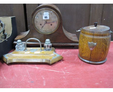 An Oak Dome Cased Mantel Clock, tea cannister, early XX Century desk standish.