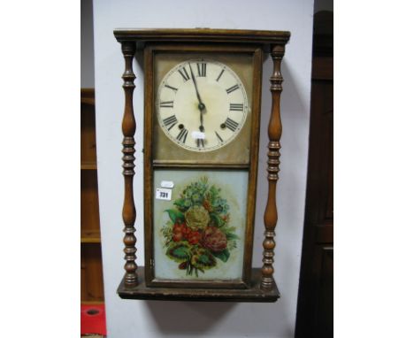 An Anglo-American Eight Day Wall Clock, rectangular case, with turned columns and white painted dial, Roman numerals above a 