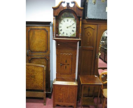 An Early XIX Century Mahogany and Oak Longcase Clock, broken swan neck pediment, arched glazed hood with ring turned supports