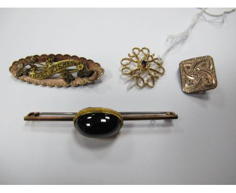A 9ct Gold Brooch, of openwork design, claw set to the centre; together with a bar brooch, oval cabochon set, a "Best Wishes"